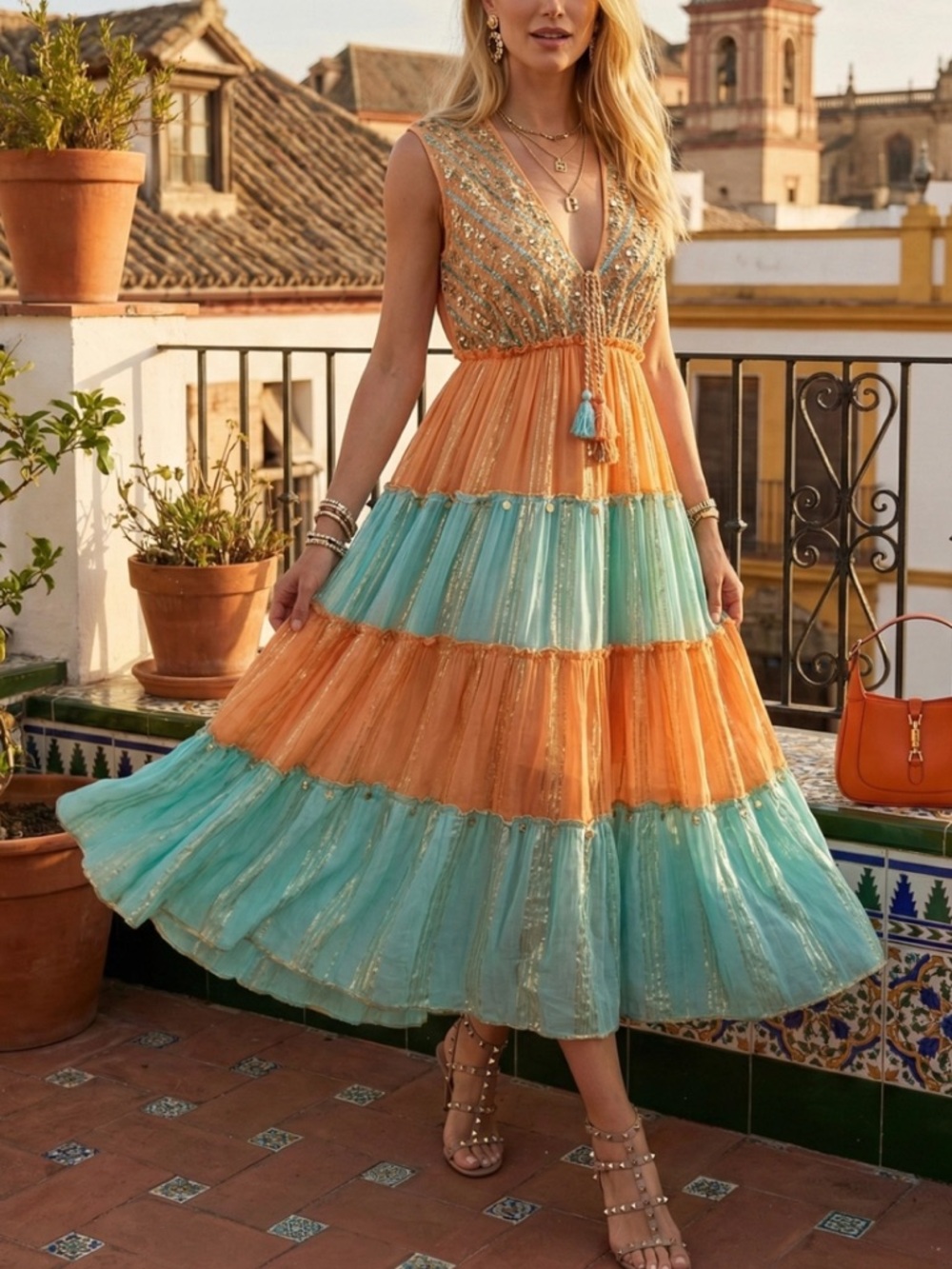 Boho Hand Embroidered maxi Dress Turquoise